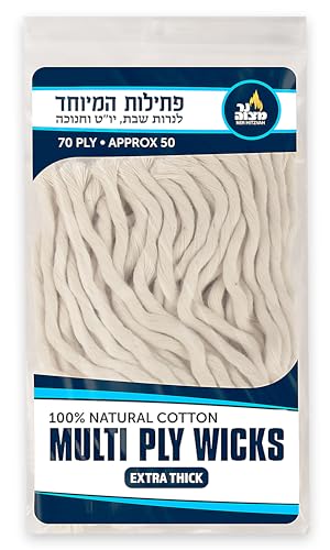 Ner Mitzvah Natural Cotton Smokeless Wicks – 50 Count (Approx.) 70 Ply Extra Thick for Oil Cup Candle – Replacement Wicks - size: Thick