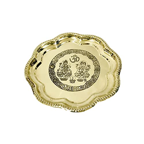 Brass thali Set 5 pcs Pooja Brass bhog thali Set Embossed Laxmi Ganesha shubh labh Plate Puja Aarti thali Home Mandir Temple Accessory Spiritual Gifts karwa chauth Heart Red Velvet Box - 8.5 inch