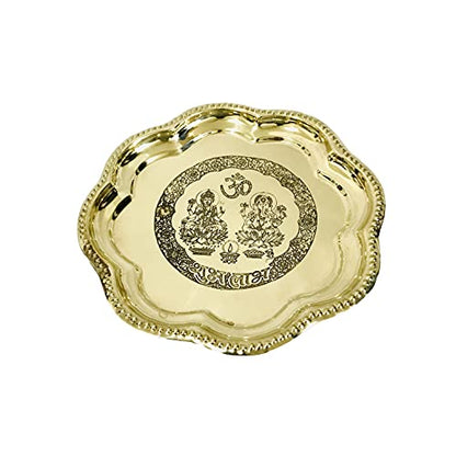 Brass thali Set 5 pcs Pooja Brass bhog thali Set Embossed Laxmi Ganesha shubh labh Plate Puja Aarti thali Home Mandir Temple Accessory Spiritual Gifts karwa chauth Heart Red Velvet Box - 8.5 inch