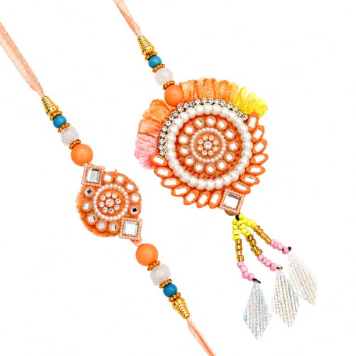 Premium Designer Bhaiya Bhabhi Rakhi Set with Lumba, Greeting Card, Roli Chawal & Fridge Magnet - color: Design-3