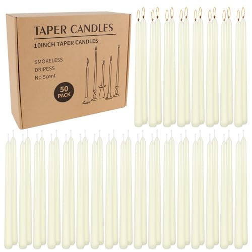 WPONSZU 50 Pack Ivory Taper Candles, 7-8 Hours Burn Time, Unscented, Smokeless and Dripless, 4/5 x 10 Inch for Christmas,Household,Dinner,Wedding,Valentine's Day,Party and Home Décor Candlesticks - color: 50 Iovry