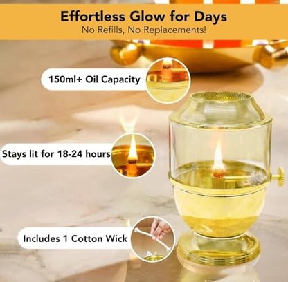 Pure Brass Akhand Jyot Diya with Borosilicate Glass Cover - Small Size Adjustable Wick Lever 250ml Oil Capacity 48-Hour Burn Time Authentic Oil Lamp for Prayer and Meditation - Gold - size: Small Without Plate