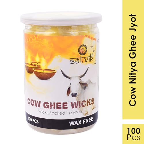 SATVIK Pack of 100 Pure Cow Ghee Wicks for Puja | Ready-to-Use Diya Batti | 30-Min Burn Time | Wax-Free Cotton Wicks | Ideal for Pooja, Meditation, Diwali, and Housewarming Gifts - size: 100PC