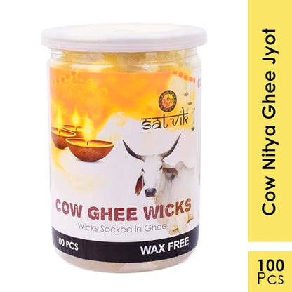 SATVIK Pack of 100 Pure Cow Ghee Wicks for Puja | Ready-to-Use Diya Batti | 30-Min Burn Time | Wax-Free Cotton Wicks | Ideal for Pooja, Meditation, Diwali, and Housewarming Gifts - size: 100PC