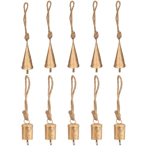 10-Pcs Rustic Gold Jingle Bells & Cow Bells for Crafts – 3.15" Small Vintage Cowbell Set with Jute Rope, Witch Bell, DIY Wind Chimes Supply, Christmas Tree Ornaments, Farmhouse Decor - color: Gold Assorted 10 Pcs