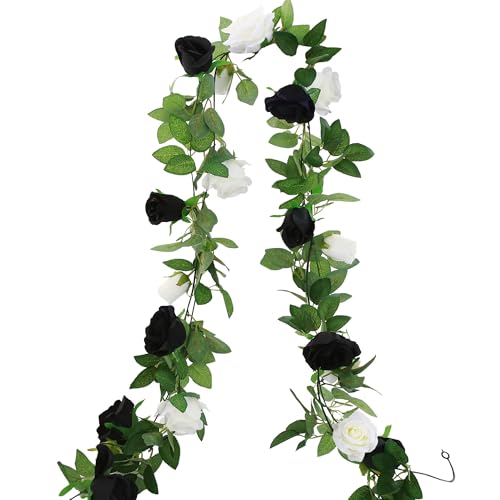 GREENTIME 2Pack 6.5FT Black White Artificial Flower Garland Fake Rose Vines - color: Black White
