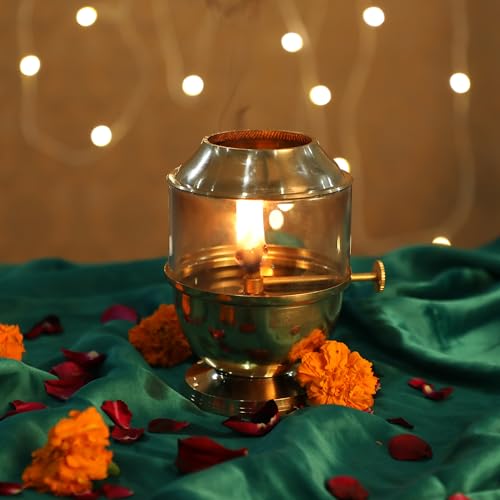 Pure Brass Akhand Jyot Diya with Borosilicate Glass Cover - Medium Size Adjustable Wick Lever 250ml Oil Capacity 48-Hour Burn Time Authentic Oil Lamp for Prayer and Meditation - Gold - size: Medium Without Plate