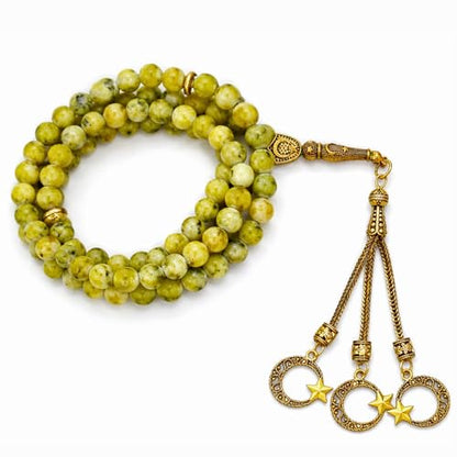 Amazing Gemstone Crystal Tasbeeh with Moon and Star Charm - Certified Crystal Muslim Prayer Beads Natural Gemstone Tasbih Gift for Ramadan Dhikr and Daily Namaz (G) - color: Serpentine