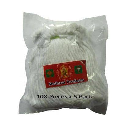 Sree Andal White Cotton Wicks for Sacred Oil Lamps (365 pcs x 5 Pack) | Jyoti Batti for Pooja Lighting | Madurai Products Eco Cotton Thiri Set for Meditation Altars, Pooja & Prayers