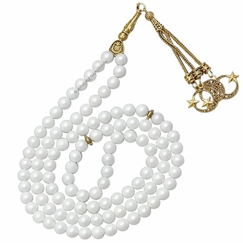 Amazing Gemstone Crystal Tasbeeh with Moon and Star Charm - Certified Crystal Muslim Prayer Beads Natural Gemstone Tasbih Gift for Ramadan Dhikr and Daily Namaz (G) - color: Mother of Pearl