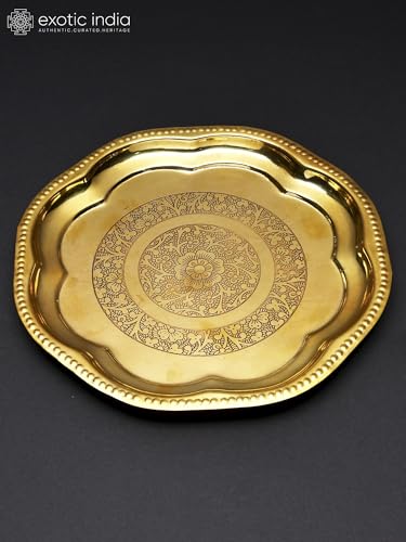 Exotic India Brass Pooja Thali Plate | Rituals Floral Design Aarti Plate for Puja Mandir, Lakshmi Poojan Plate for Diwali Festivals