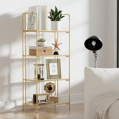 Crofy 4-Tier Foldable Bookshelf, Gold Frame & Transparent Shelves - color: Gold Frame & Transparent Shelf, size: 4 Tier