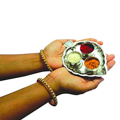 SHRIYA Stainless Steel Haldi Kumkum Holder with Attached 3 Containers – Leaf Shape Pooja Accessory for Haldi, Kumkum & Chandan – Decorative Indian Puja Item for Diwali, Housewarming & Gifting