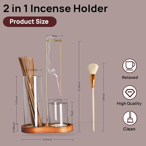 2 in 1 Incense Holder for Sticks with Glass Ash Catcher, Anti-ash Incense Burner for Yoga Meditation Spa Room Decor, Includes Ash Brush