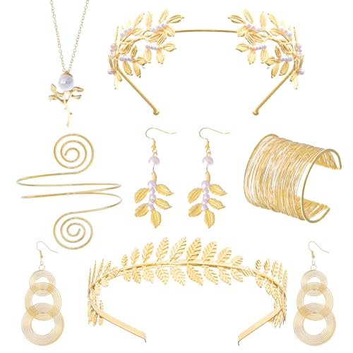 9 Pcs Greek Goddess Accessories for Women Golden Roman Laurel Leaf Crown Headband Upper Arm Cuff Bracelet Pearl Drop Earrings Necklace Toga Waist Belt Toga Costume Jewelry for Bridal Bridesmaid Wedding Party - style: Graceful