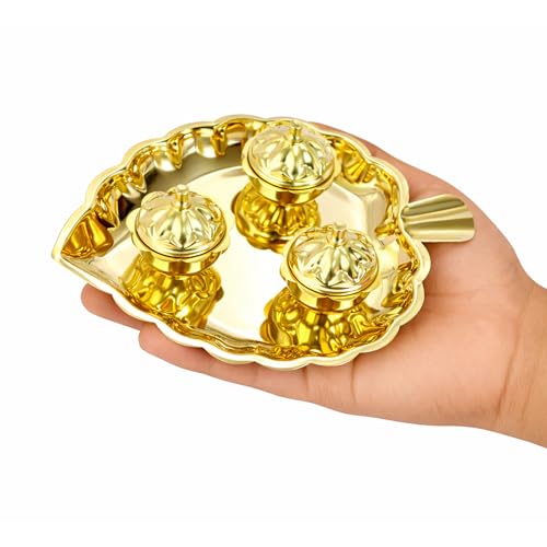 Spillbox Brass 3 Leaf Bowl Pooja Thali | Traditional Handcrafted Thali Holder with Lid for Mandir & Home | Roli, Chawal | Pooja Item Gift for Diwali, Navratri - 3 Leaf Bowl - Small
