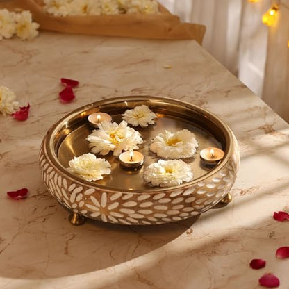 RITUALISTIC Vrinda Handcarved Wooden Urli Bowl (11.5 inches) | Mango Wood with Floral Sacred Carving & Detachable Legs | Floating Candles, Flowers & Festive Décor | Diwali Housewarming Premium Gift - style: Vrinda Wooden Urli