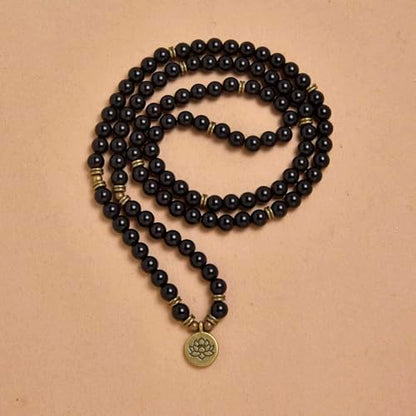 108 Natural Stone Mala Beads Yoga Bracelet with Lotus Charm - style: Black Agate