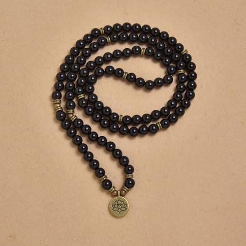 108 Natural Stone Mala Beads Yoga Bracelet with Lotus Charm - style: Black Agate