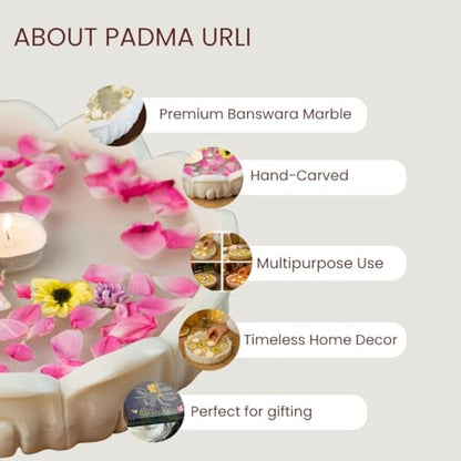 RITUALISTIC Padma Makrana Marble Urli Bowl (23×23×5 cm) | Natural White Marble with Lotus Design | Floating Candles & Flower Décor | Pooja Room Living Room Festive Display | Diwali Housewarming Gift - style: Padma Marble Urli