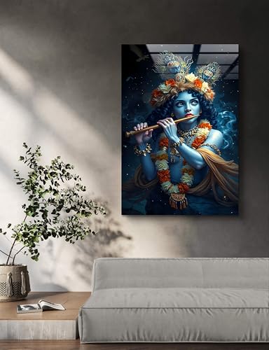 Divine Krishna Playing the Flute Glass Wall Art, Mystical Hindu God Tempered Glass Print, Spiritual Wall Decor, Indian Mythology Modern Artwork, Ready to Hang Meditation Room Decor, Ultra Large Size Options, Unique Housewarming Gift (39.3" x 59" İnches) -