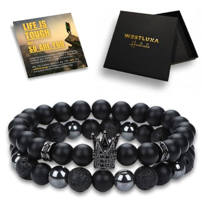 Mens Beaded Bracelets, Cross Bracelet for Men with Hematite Black Obsidian Lava Stone Triple Protection Bracelets for Men - size: Small, style: Crown