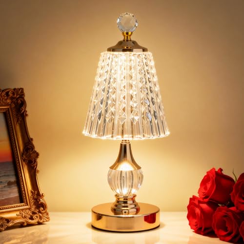 Gold Crystal Battery Operated Rechargeable Lamp Cordless, Diamond - color: Gold-Diamond