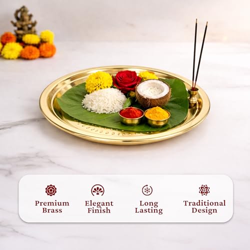 Spillbox Traditional Handcrafted Brass Puja | Pooja Thali | Arati | Arathi | Arthi | Arti | Arathi | Bartan Thambulam Plate -Thambalam Thali- (9 Inch) - size: 9 Inch