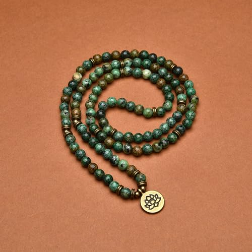 108 Healing Mala Beads Bracelet or Necklace with Gold Lotus Charm - style: African Turquoise