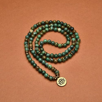 108 Healing Mala Beads Bracelet or Necklace with Gold Lotus Charm - style: African Turquoise