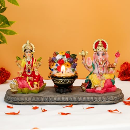 BangBangDa Lakshmi Ganesha Statue with Diya - 4.1" H Polystone Hindu Goddess Laxmi and Ganesa Idol for Diwali/New Year/Birthday/Wedding Gift for Indian Home Temple Mandir Altar Puja Murti Item