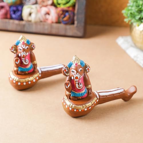 Desi Favors Terracotta Handmade Ganesha | Indian Traditional & Modern Art Handpainted Clay Antique Veena Religious Ganesha Statue Idols Pooja Wedding Gift for Home Decor - 5x4 Inch (Pack of 1) - style: Terracotta Hand Made Ganesha