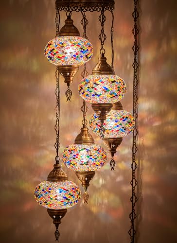 DEMMEX - 5-Large 7'' Globes Turkish Moroccan Mosaic Plug-in Chandelier - Colorful Bohemian Pendant Light with 15-ft Cord&Chain, Exotic Swag Ceiling Lamp for Living Room, Bedroom, 4ft Drop, Multicolor - color: Multicolor