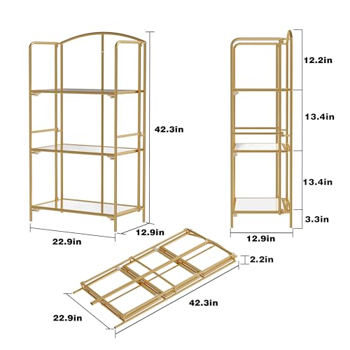 Crofy 3-Tier Foldable Bookshelf, Gold Frame & Transparent Shelves - color: Gold Frame & Transparent Shelf, size: 3 Tier