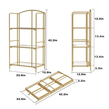 Crofy 3-Tier Foldable Bookshelf, Gold Frame & Transparent Shelves - color: Gold Frame & Transparent Shelf, size: 3 Tier