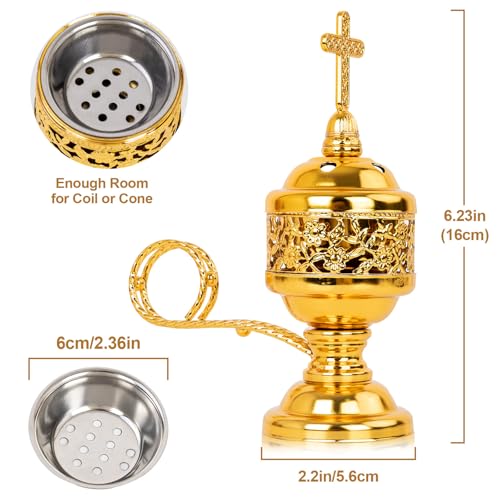 1 PCS Catholic Church Incense Holder with Cross Lid, Home&Altar Incense Burner, Charcoal Censer Incense Burner, Unique Meditation Gift, Frankincense Resin Bakhoor Burner (Gold)