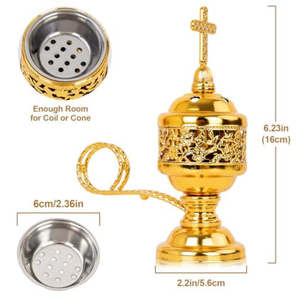 1 PCS Catholic Church Incense Holder with Cross Lid, Home&Altar Incense Burner, Charcoal Censer Incense Burner, Unique Meditation Gift, Frankincense Resin Bakhoor Burner (Gold)