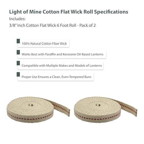 Light of Mine - 3/8" Inch 6' Foot, 100% Cotton Flat Wick - 2 Pack, for Paraffin Oil, Kerosene Based Lanterns, and Oil Lamps with Genuine Red Stitch (3/8" - 6' Roll, 2 Pack) - size: 3/8" 6 foot - 2 Pack