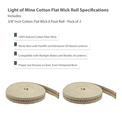 Light of Mine - 3/8" Inch 6' Foot, 100% Cotton Flat Wick - 2 Pack, for Paraffin Oil, Kerosene Based Lanterns, and Oil Lamps with Genuine Red Stitch (3/8" - 6' Roll, 2 Pack) - size: 3/8" 6 foot - 2 Pack