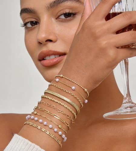 10 Pcs 14K Gold Plated Bracelet for Women, Dainty Stackable Chain Set - color: Gold-pearl