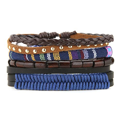 HZMAN Handmade Hemp Cords Wood Beads Leather Bracelets for Men Women - style: Dark Blue Hemp Rope