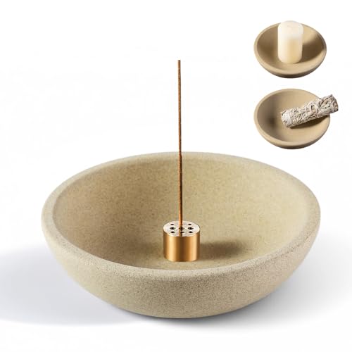 Koville Natural Marble Incense Holder, Incense Holder for Sticks with 9 Holes, Handmade Incense Burner Ash Catcher for Meditation Yoga SPA, Balsam Fir/Palo Santo/Sage/Cone (Sandstone-Brown) - color: D=150-sandstone