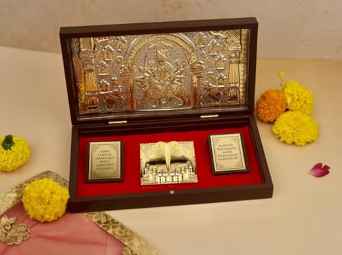 Servdharm Durga MATA Pocket Temple with Charan Paduka and Sacred Mantra | Sherawali MATA Pooja Box - Brown Gold 8.3"x4.5" for Wedding, Housewarming Gift and Home Temple