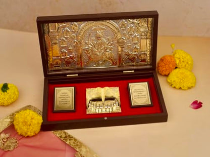 Servdharm Durga MATA Pocket Temple with Charan Paduka and Sacred Mantra | Sherawali MATA Pooja Box - Brown Gold 8.3"x4.5" for Wedding, Housewarming Gift and Home Temple