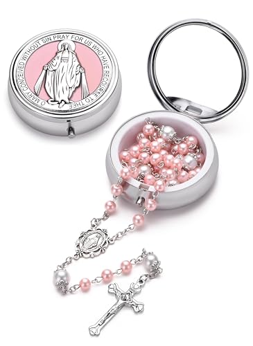 Rosary for Women with Case and 18pcs Prayer Cards, First Communion Gifts for Girls, Glass Pearl Beads and Virgin Mary Medal, Catholic Gifts - color: Pink