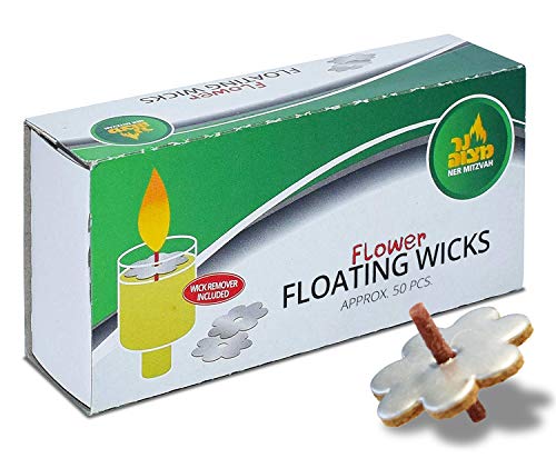 Ner Mitzvah Flower Shaped Floating Wicks - 50 Count (Approx.), Cotton Wicks and Cork Disc Holders for Oil Cups - Bonus Wick Removal Tweezers - size: 1 Pack