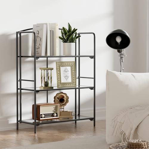 Crofy 3-Tier Wider Foldable Bookshelf, Black Frame & Transparent Shelves - color: Black Frame & Transparent Shelf, size: 3 Tier Wider