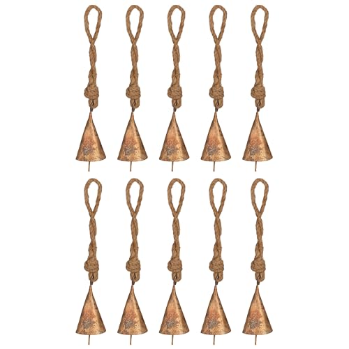 10 Pcs Rustic Gold Metal Cow Bells with Jute Rope 2"– Small Jingle Bells for Crafting, Cone Bells for Crafts, Christmas Bells Ornaments, Witch Bells, Vintage Boho Decor, Sleigh Bells Witches - color: Gold Cone 10 Pcs