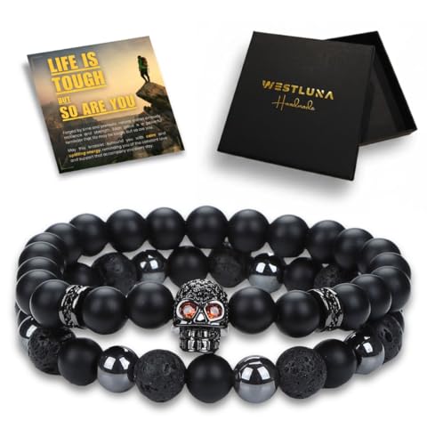 Mens Beaded Bracelets, Cross Bracelet for Men with Hematite Black Obsidian Lava Stone Triple Protection Bracelets for Men - size: Medium, style: Skull