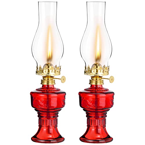 2 Pcs Chamber Oil Lamps for Indoor Use Vintage Kerosene Lamp Rustic Hurricane Kerosene Lantern with Adjustable Fire Wick Lighting Oil Lantern for Home Emergency Lighting, 13'' High(Red) - color: Red